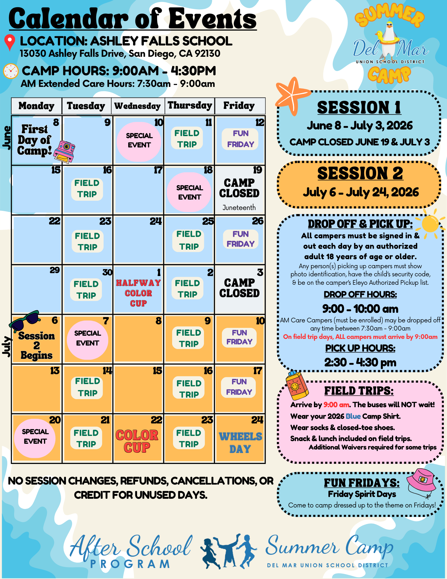 Calendar for summer camp
