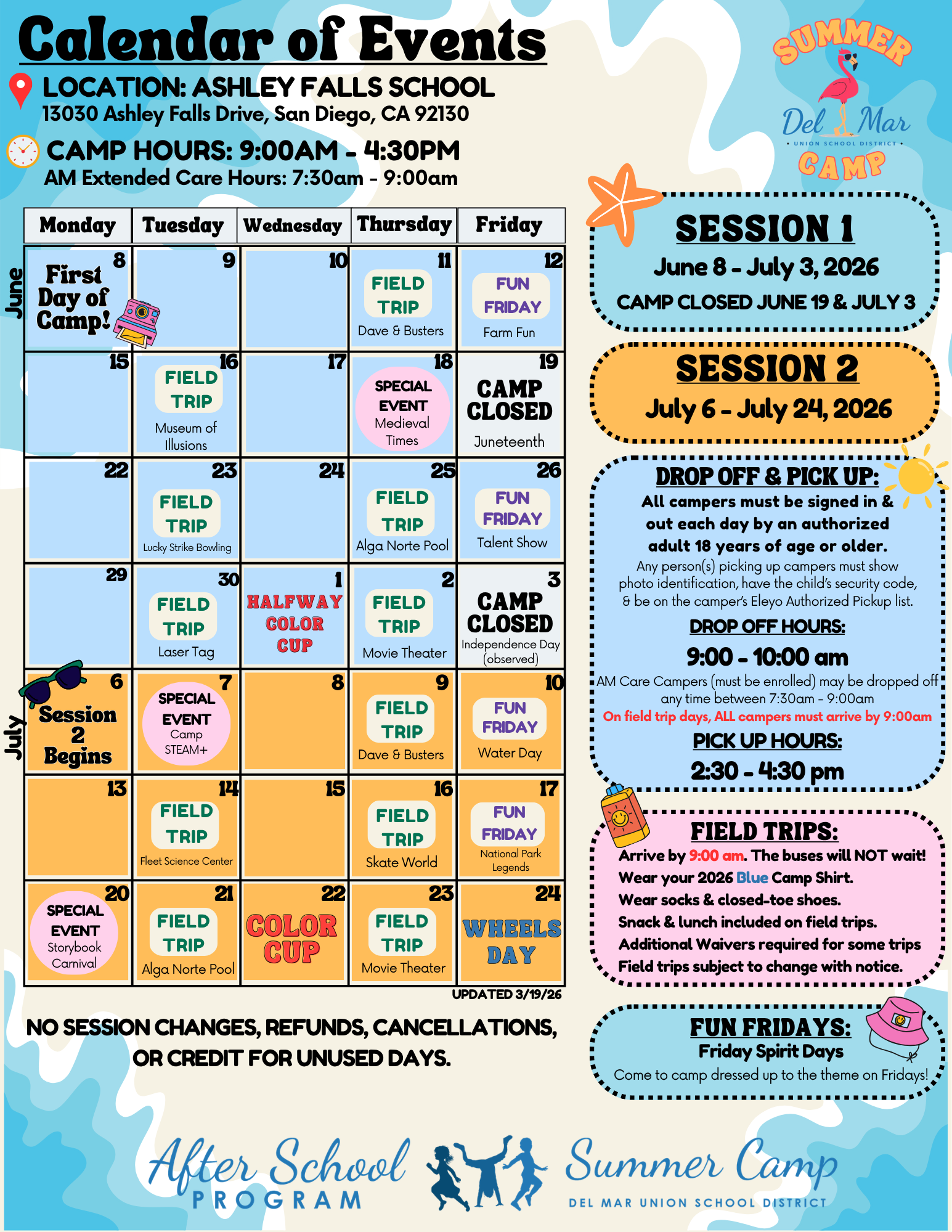 Calendar for summer camp