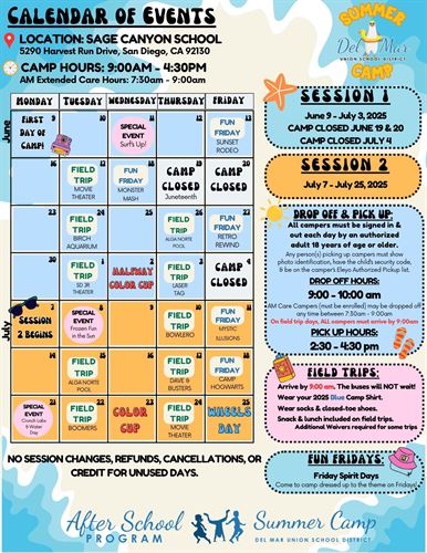 Calendar for summer camp